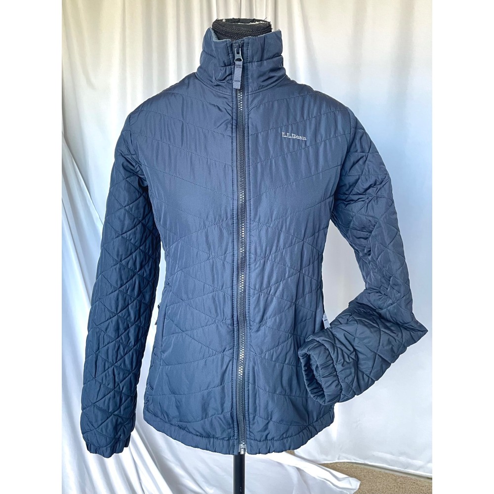 LL Bean Women's Quilted PrimaLoft Jacket Sz M Navy Blue Fleece Lined Puffer Cozy